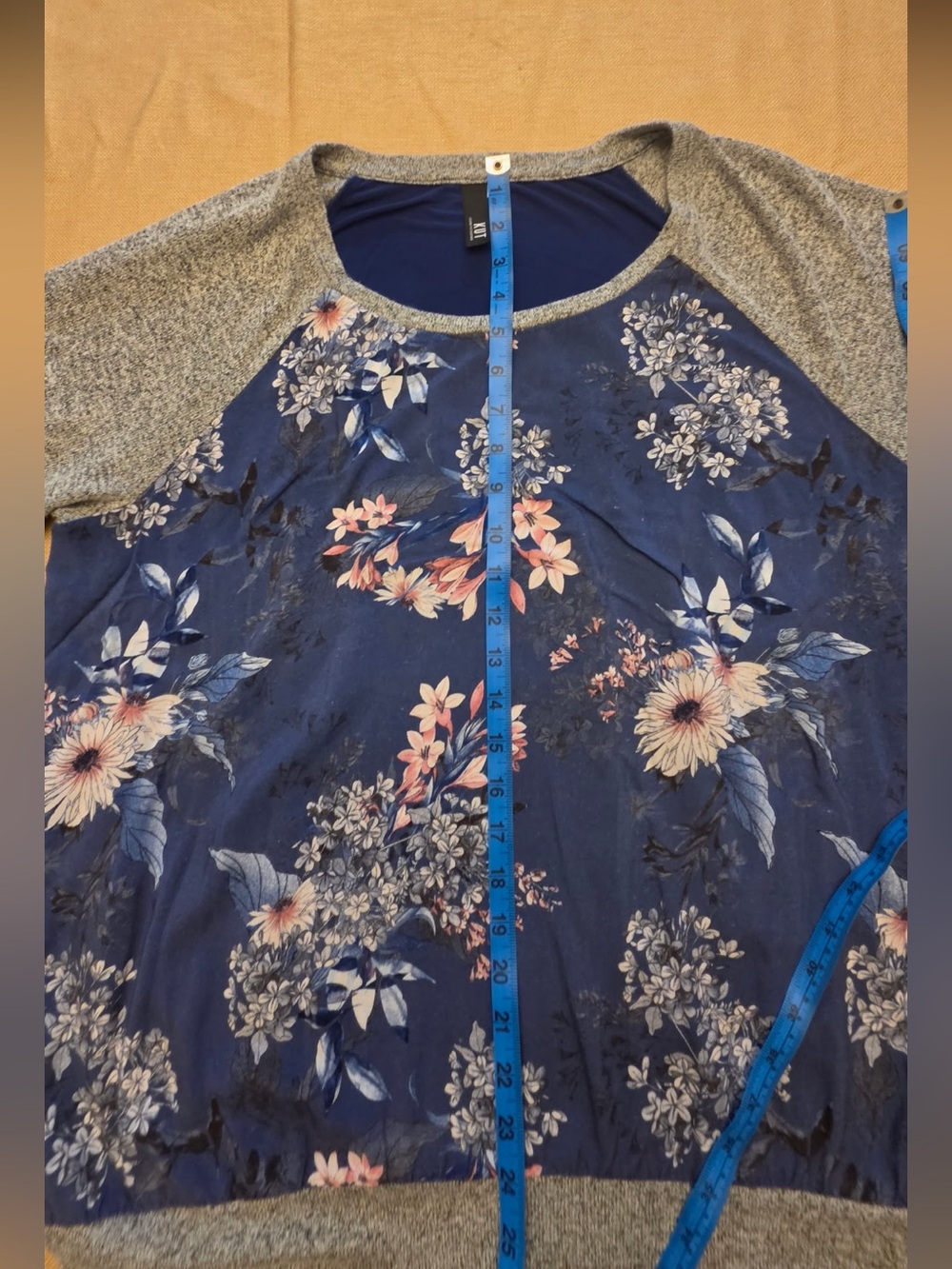 Kut from the Kloth Navy Floral Crewneck with Gray Raglan Sleeves - Picture 8 of 9
